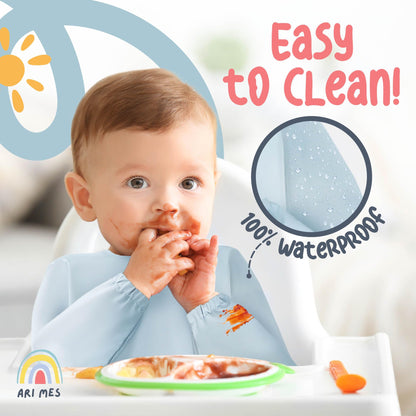 ARI MES medium toddler feeding bib focusing on the comfortable elasticated wrist cuffs