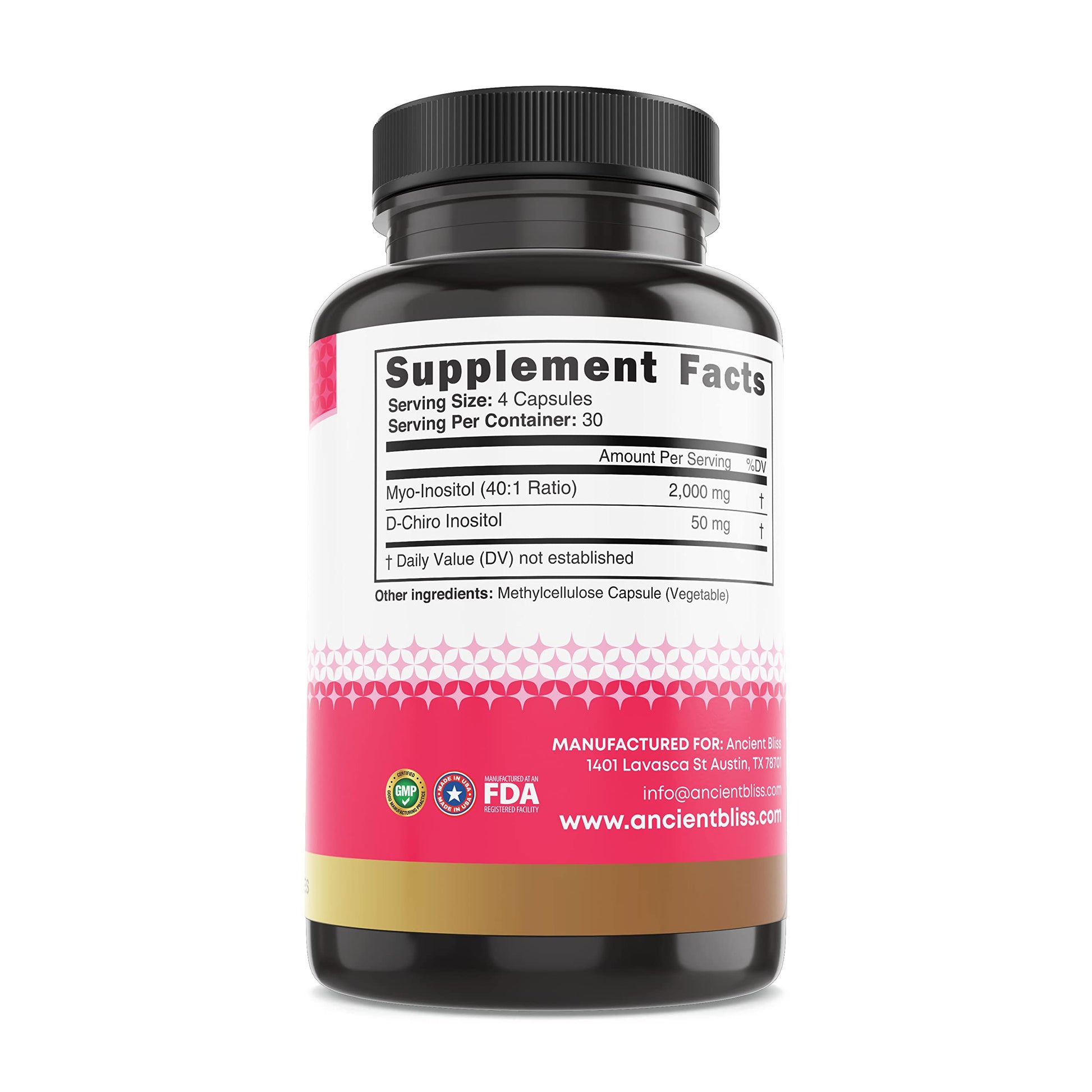 Close up of Ancient Bliss Myo and D-Chiro Inositol ingredient label