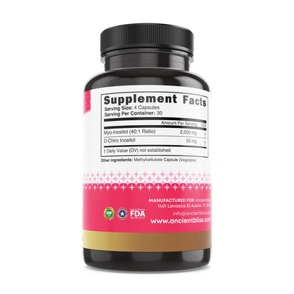 Close up of Ancient Bliss Myo and D-Chiro Inositol ingredient label