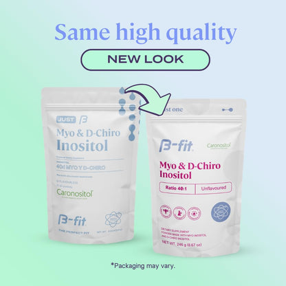 B-Fit Inositol 60 servings pouch showing gluten free and vegan icons