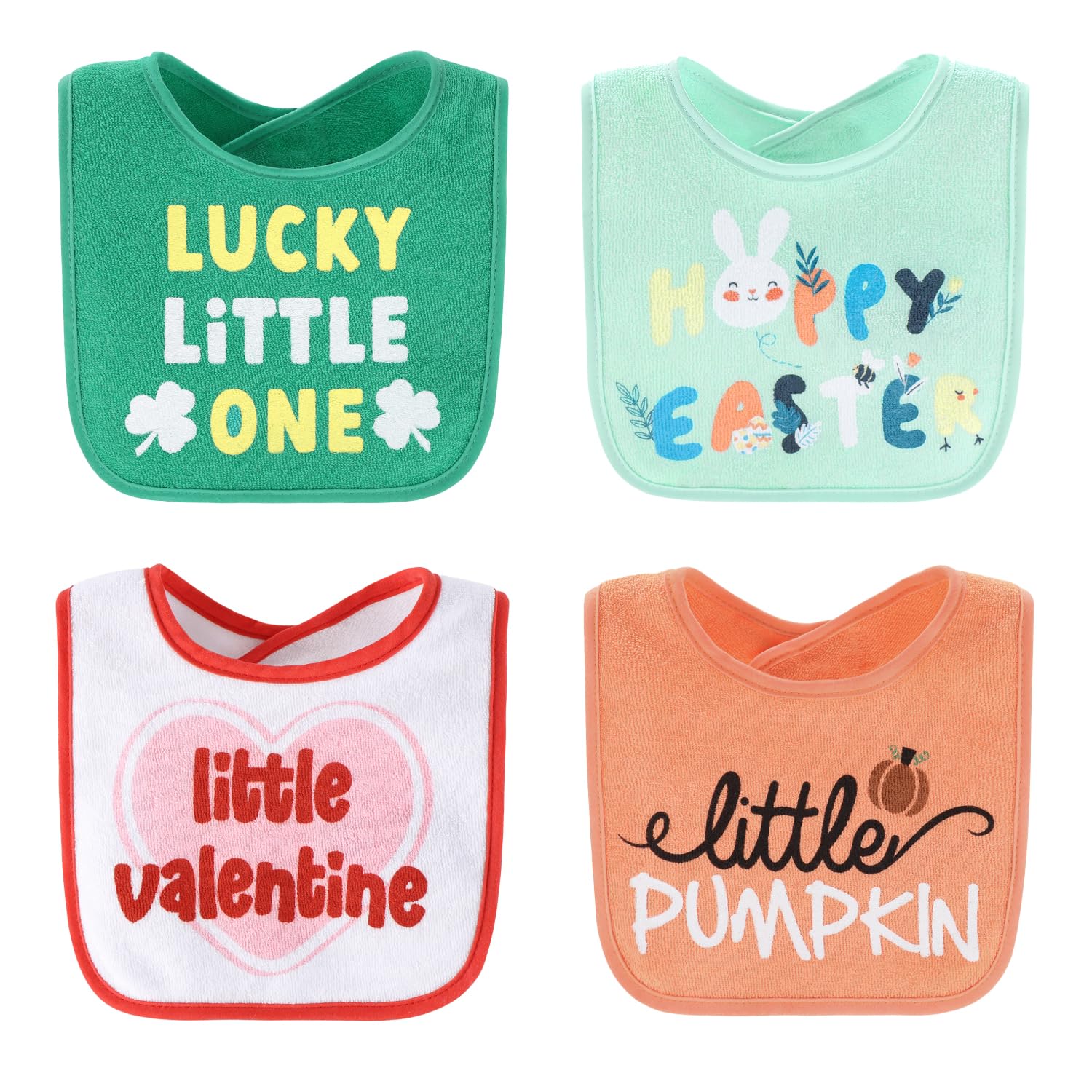 Ten piece assortment of unisex gender neutral newborn milestone feeding bibs