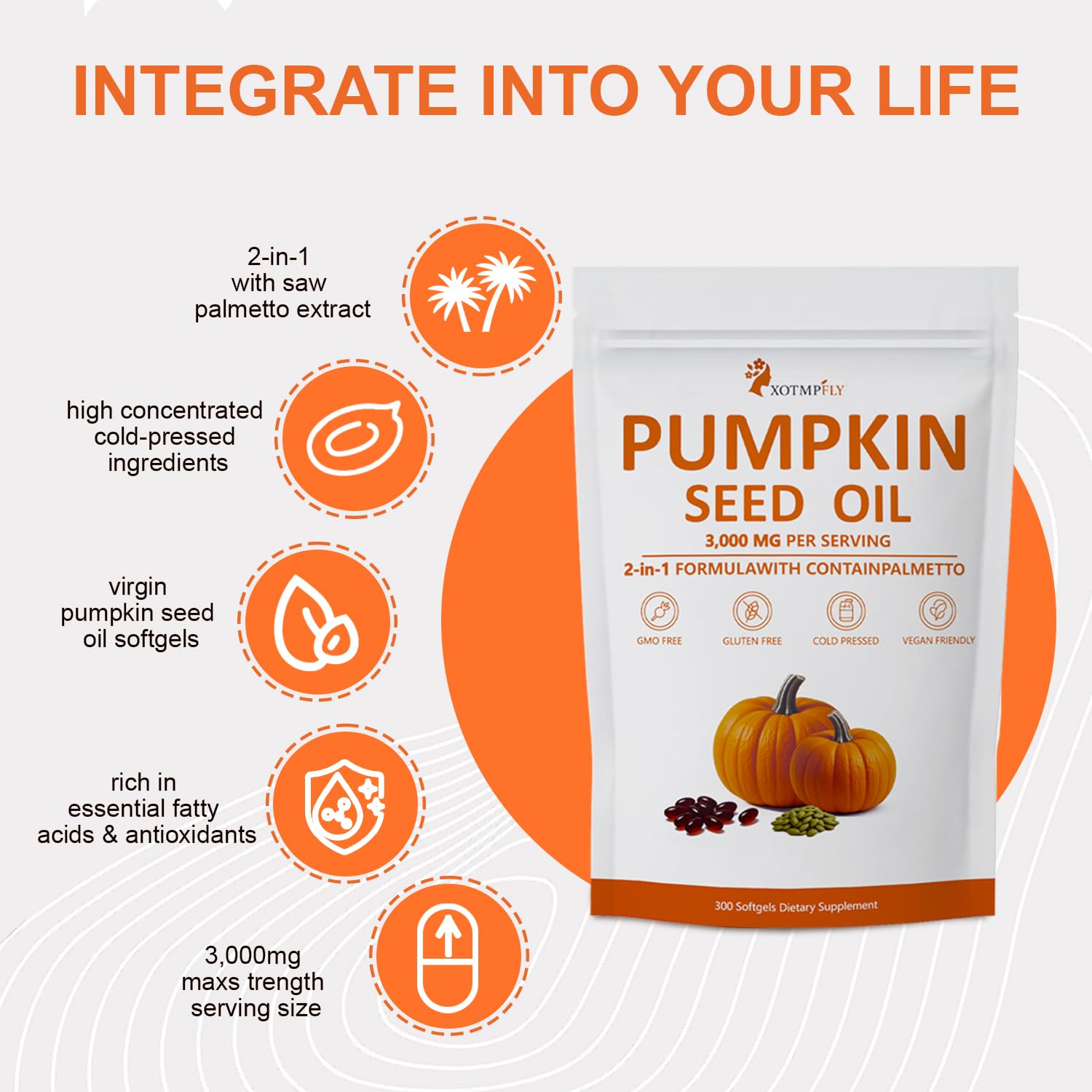 Close up of Esthfgpsv pumpkin seed oil softgels showing cold pressed quality