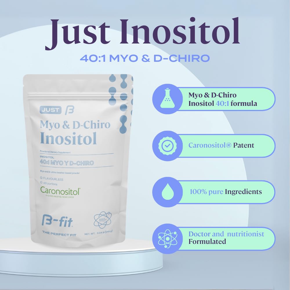 Scoop of unflavored B-Fit hormonal balance powder next to the packaging