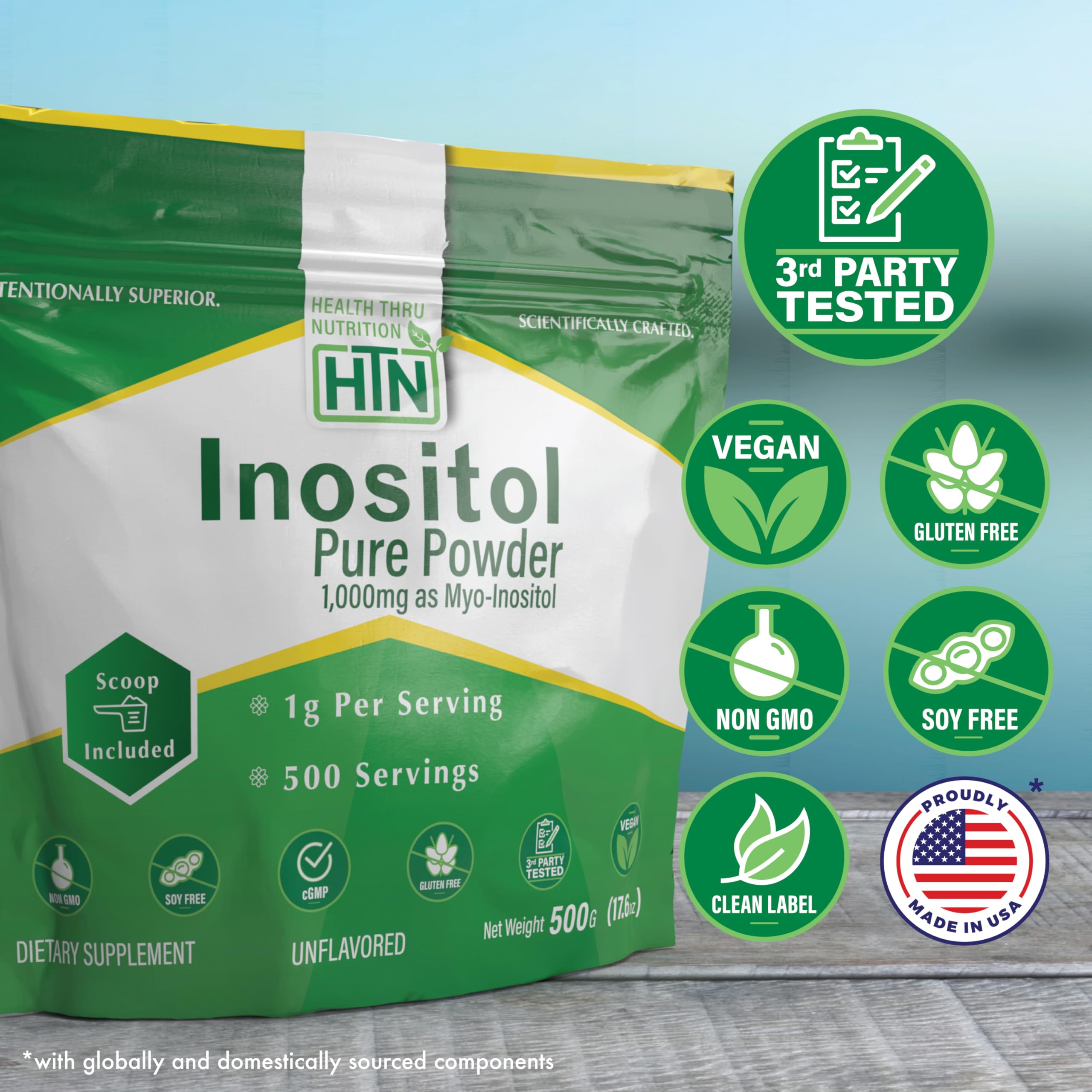 Health Thru Nutrition 500g unflavored inositol supplement scoop details