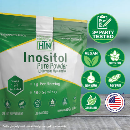 Health Thru Nutrition 500g unflavored inositol supplement scoop details
