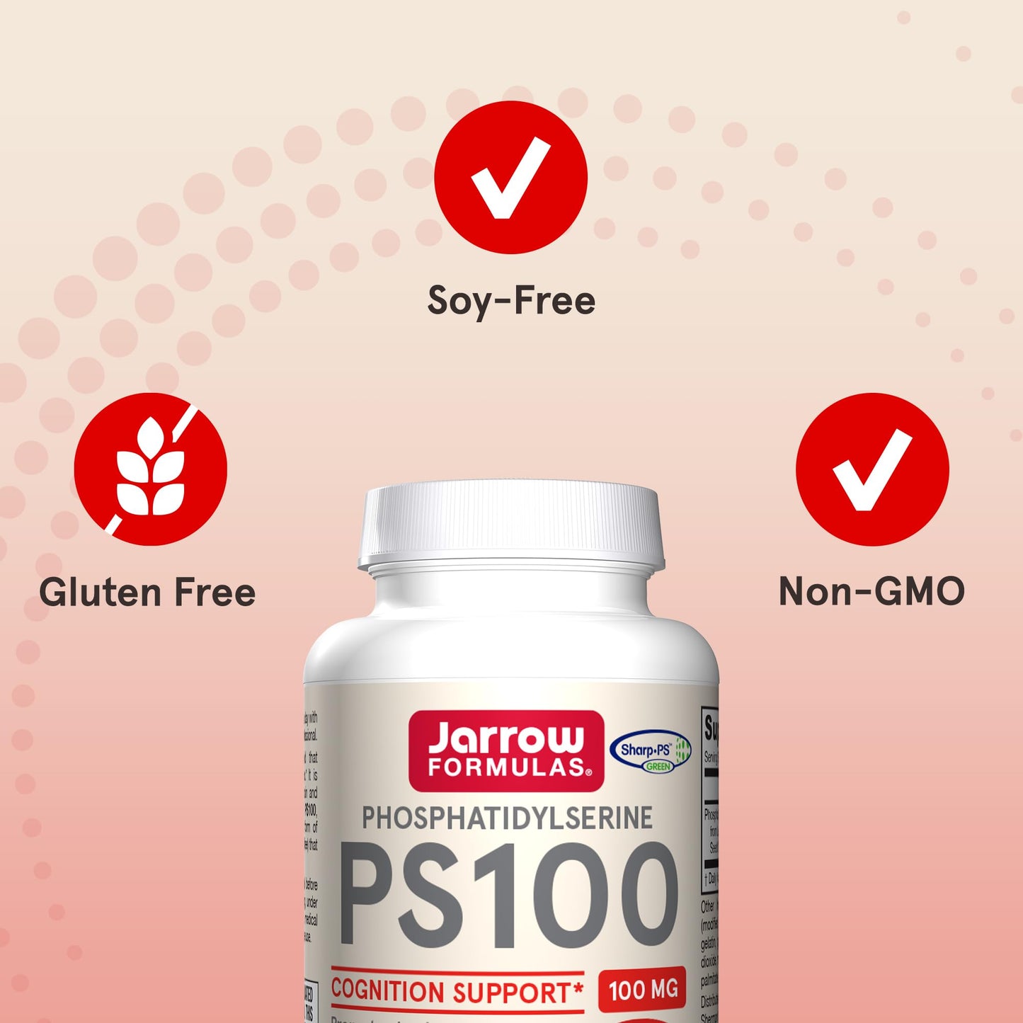 Authentic imported Jarrow Formulas PS100 bottle showcasing brain health dietary features
