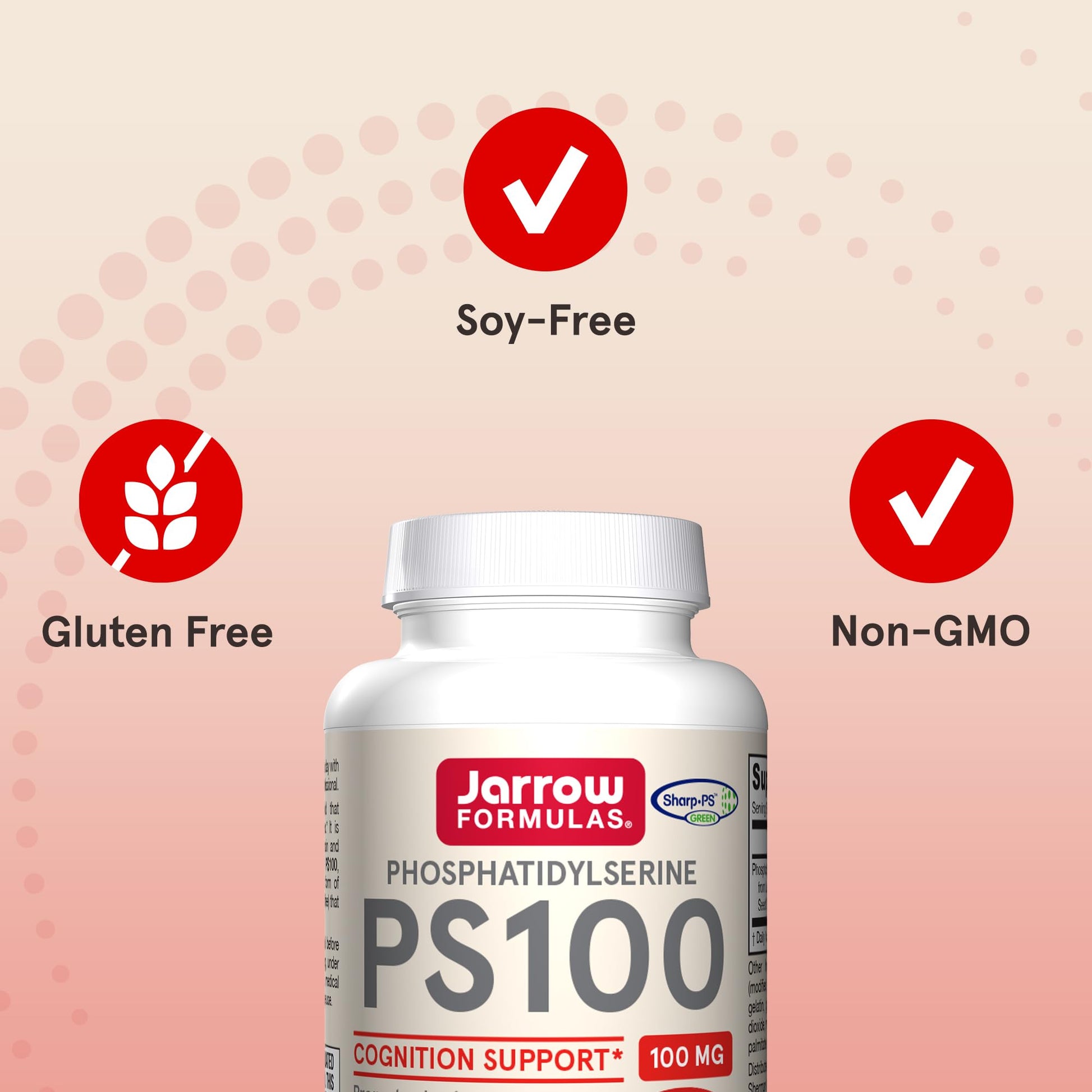 Authentic imported Jarrow Formulas PS100 bottle showcasing brain health dietary features