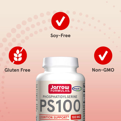 Authentic imported Jarrow Formulas PS100 bottle showcasing brain health dietary features