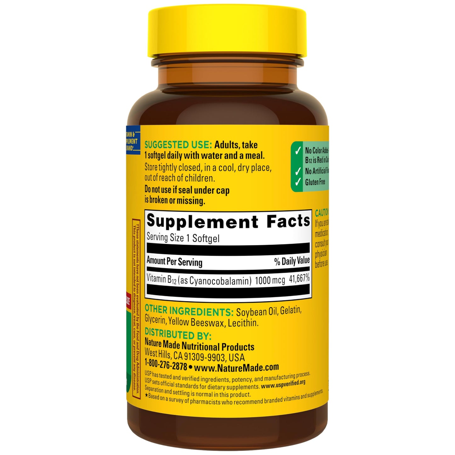 Premium American B12 vitamins 150 count bottle layout showcasing no synthetic dyes warning