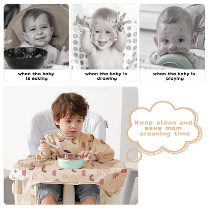 Elastic wrist cuffs on the long sleeve waterproof baby bib preventing liquid from sliding up arms