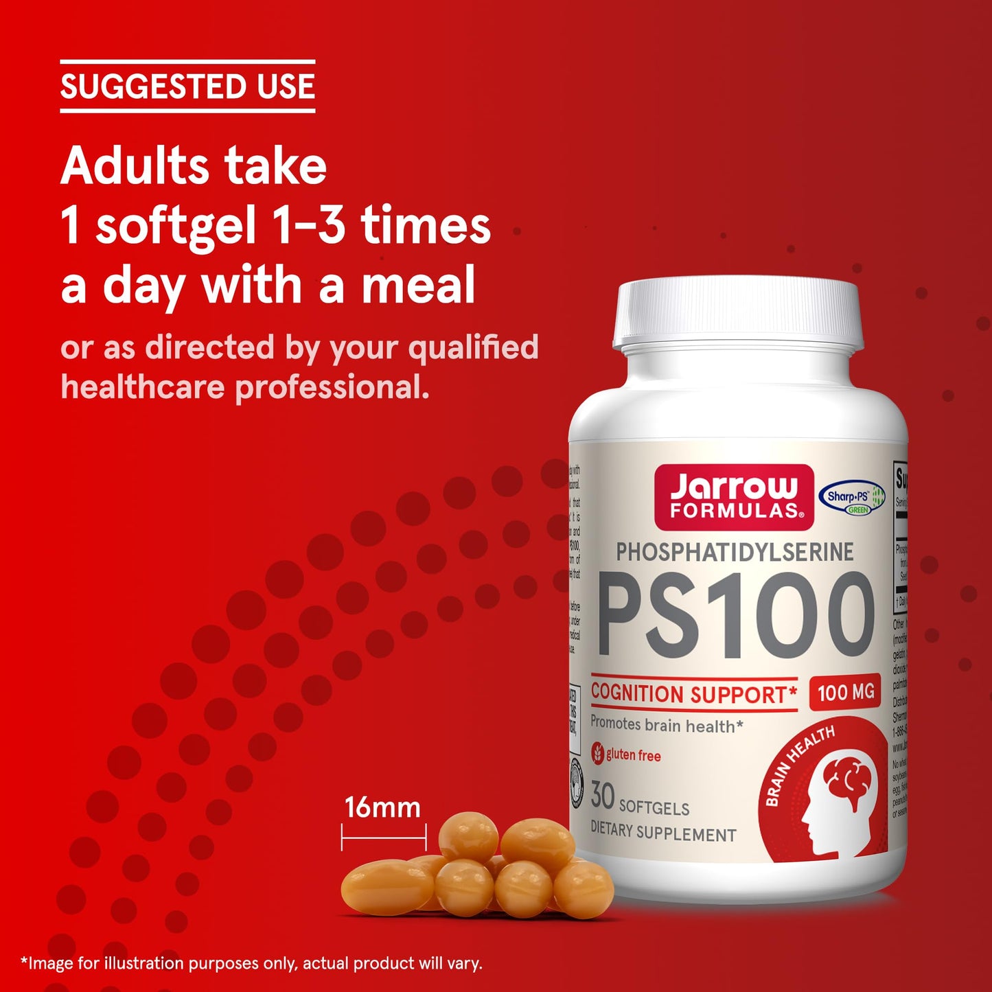 Jarrow Formulas PS100 cognitive support supplement bottle standing upright on a clear surface