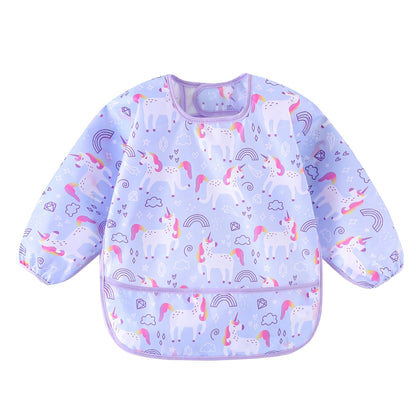 HaimoBurg toddler shirt bibs highlighting the built in crumb catcher pocket.