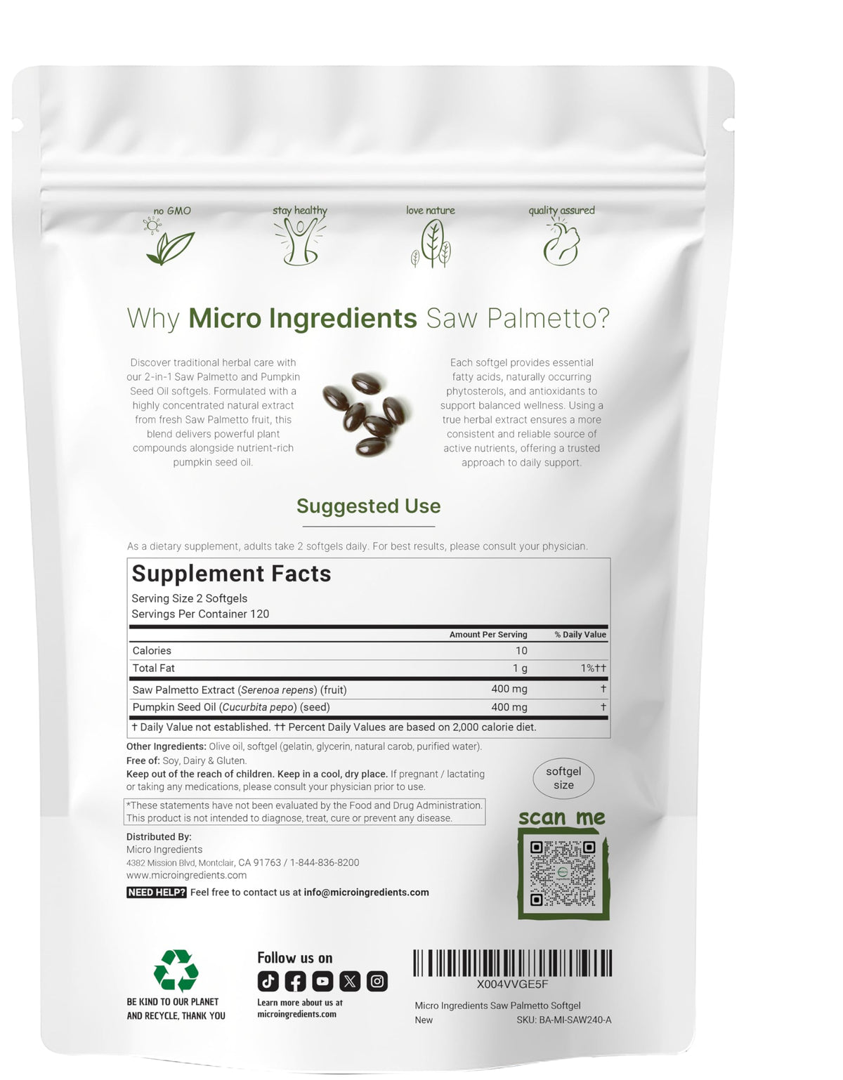 Micro Ingredients Saw Palmetto 240 softgels supplement label details