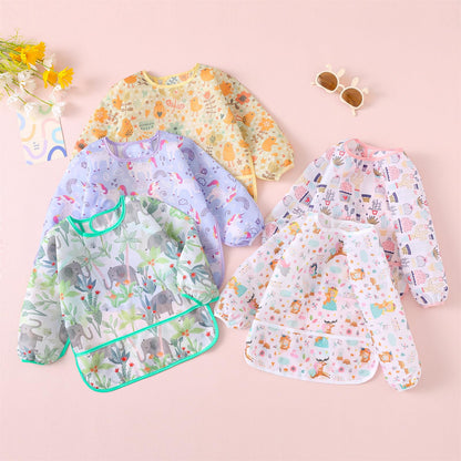 Full coverage long sleeve art and feeding smock for babies aged six to thirty months.