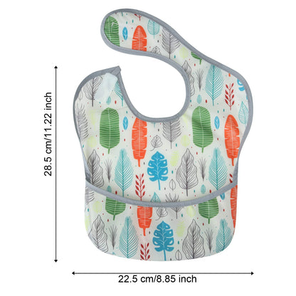 PandaEar waterproof baby bib showing the unique flip over food catcher pocket feature.