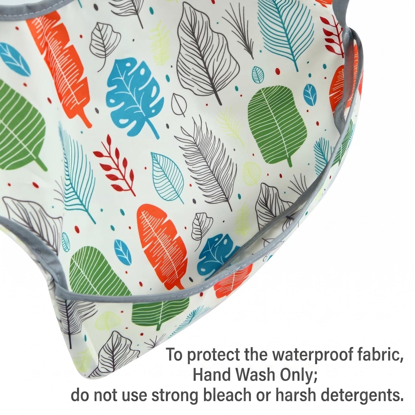 PandaEar toddler feeding bib displaying the adjustable snap closure for a comfortable neck fit.
