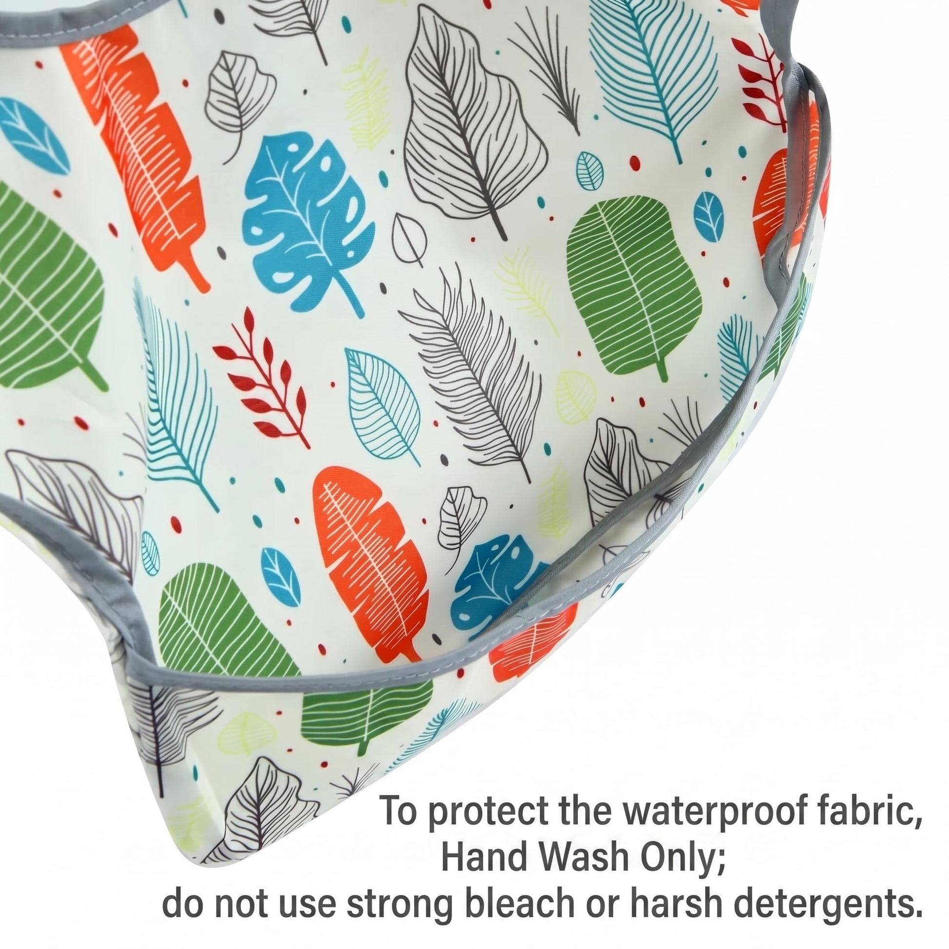 PandaEar toddler feeding bib displaying the adjustable snap closure for a comfortable neck fit.