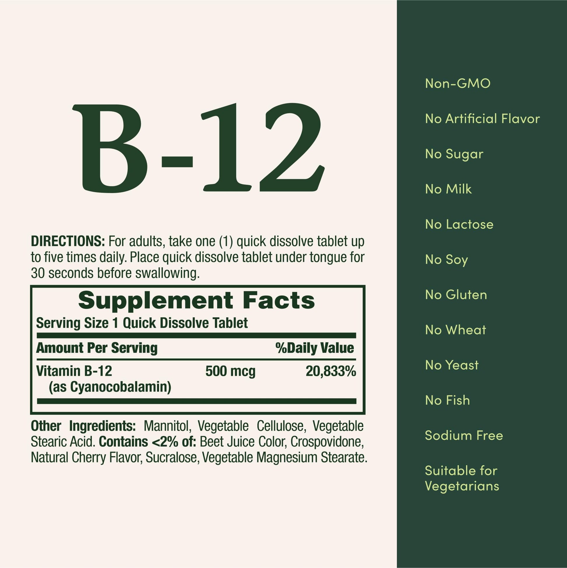 Nature's Bounty Vitamin B12 500mcg vegetarian quick dissolve tablets packaging
