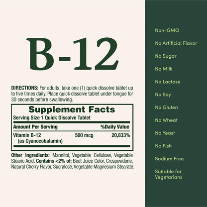 Nature's Bounty Vitamin B12 500mcg vegetarian quick dissolve tablets packaging