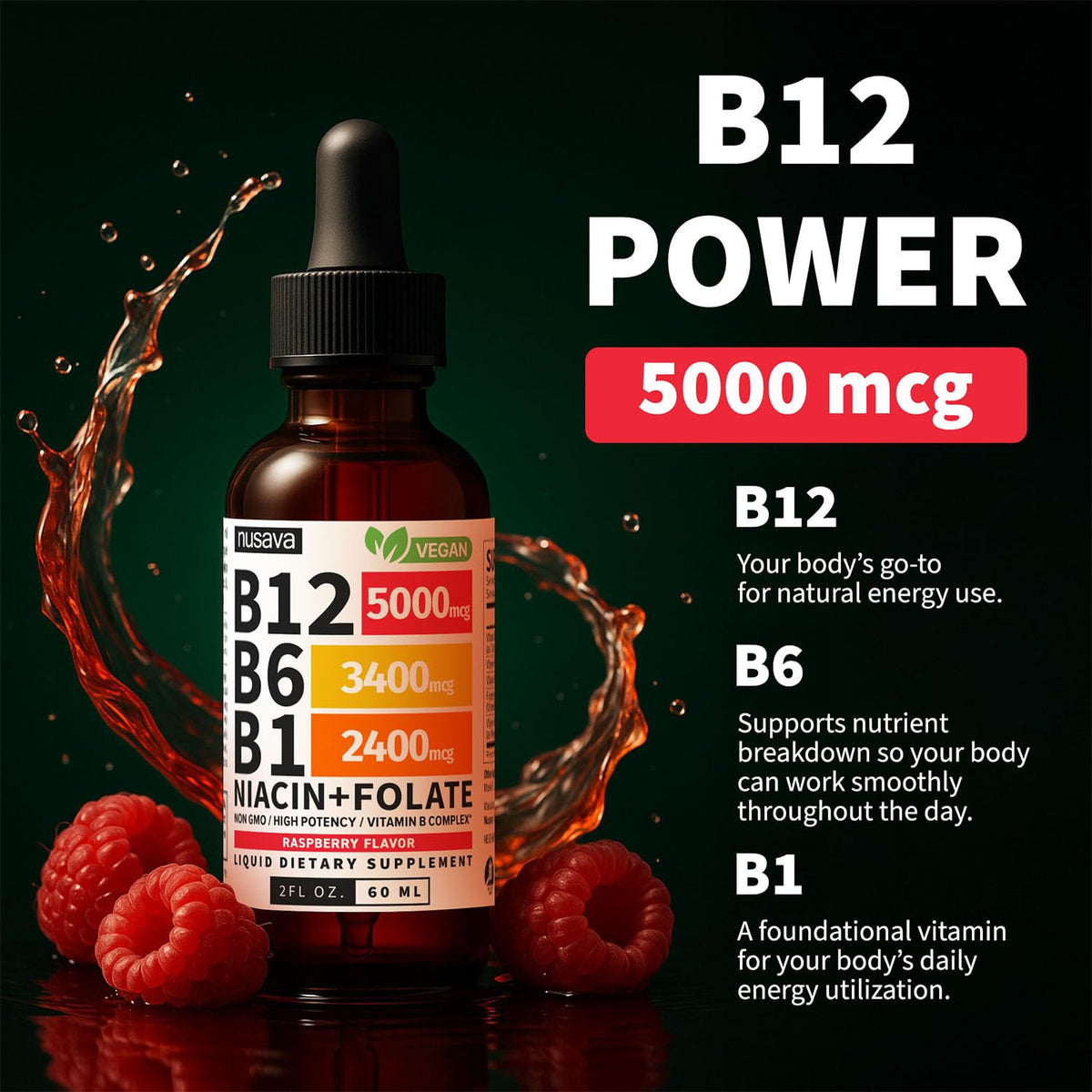 Raspberry flavored liquid B complex drops bottle detail