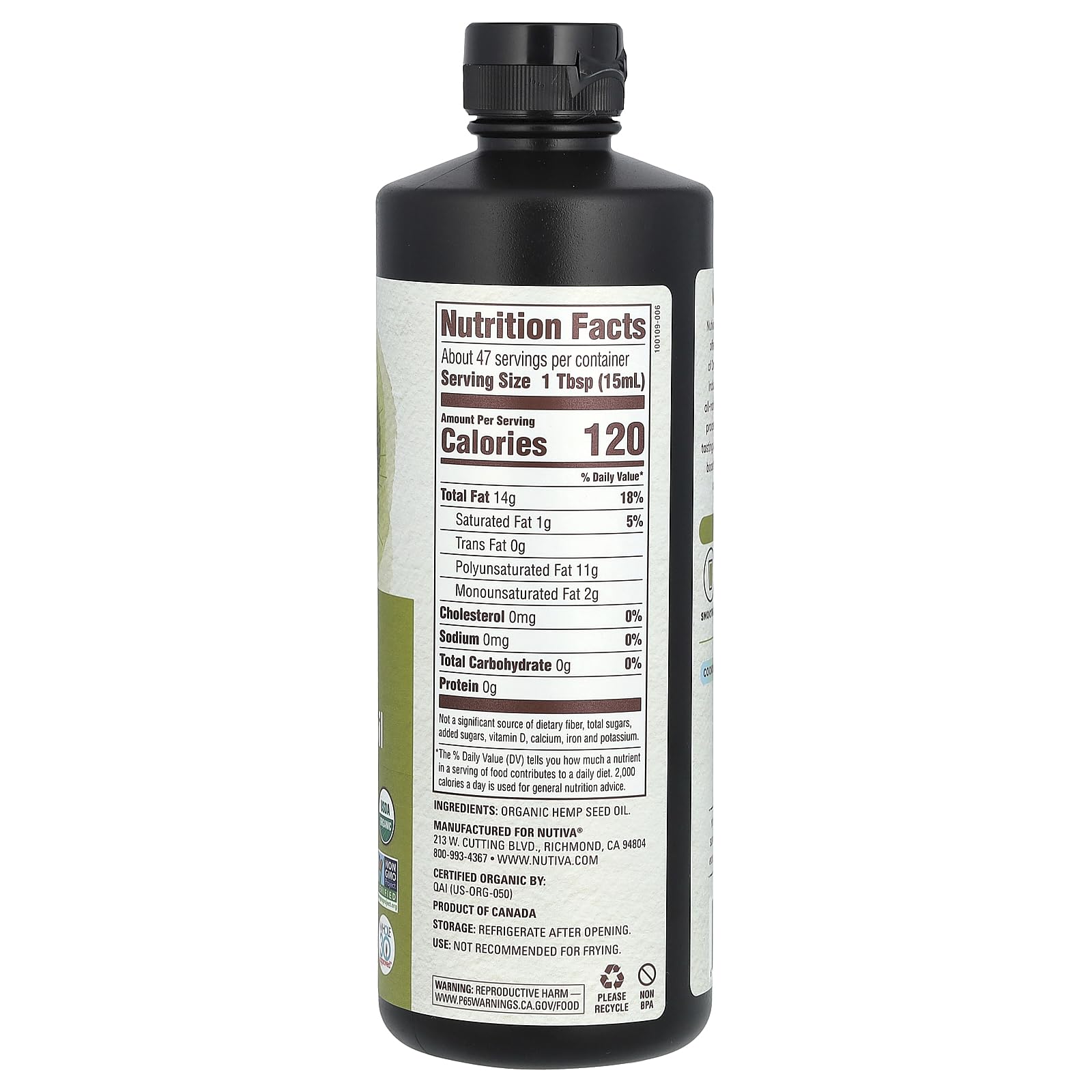 Nutiva Organic Hemp Seed Oil nutritional label and cold-pressed certification details