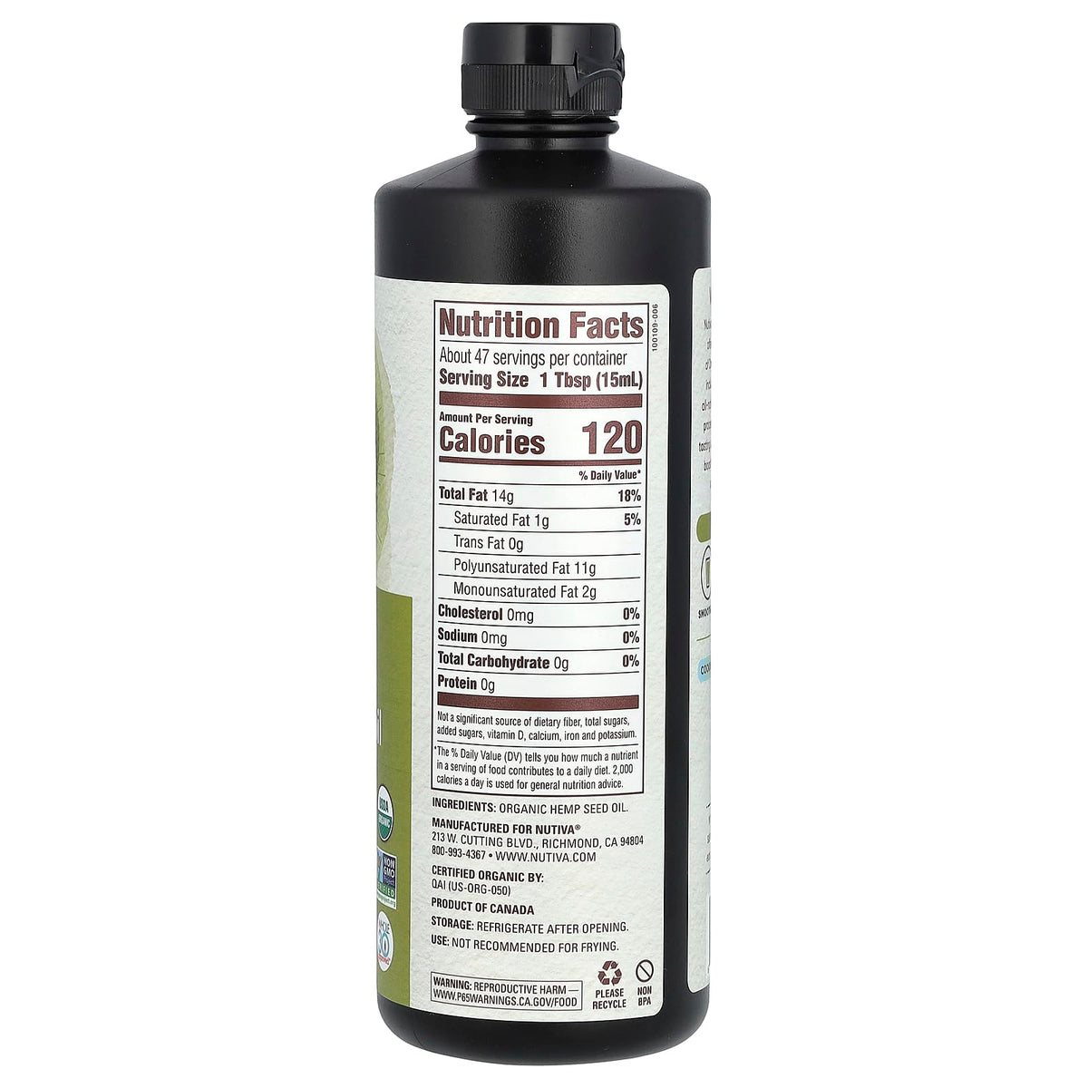 Nutiva hemp seed oil nutritional facts and certification label