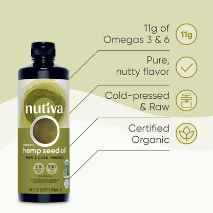 Nutiva raw hemp seed oil bottle texture and liquid clarity