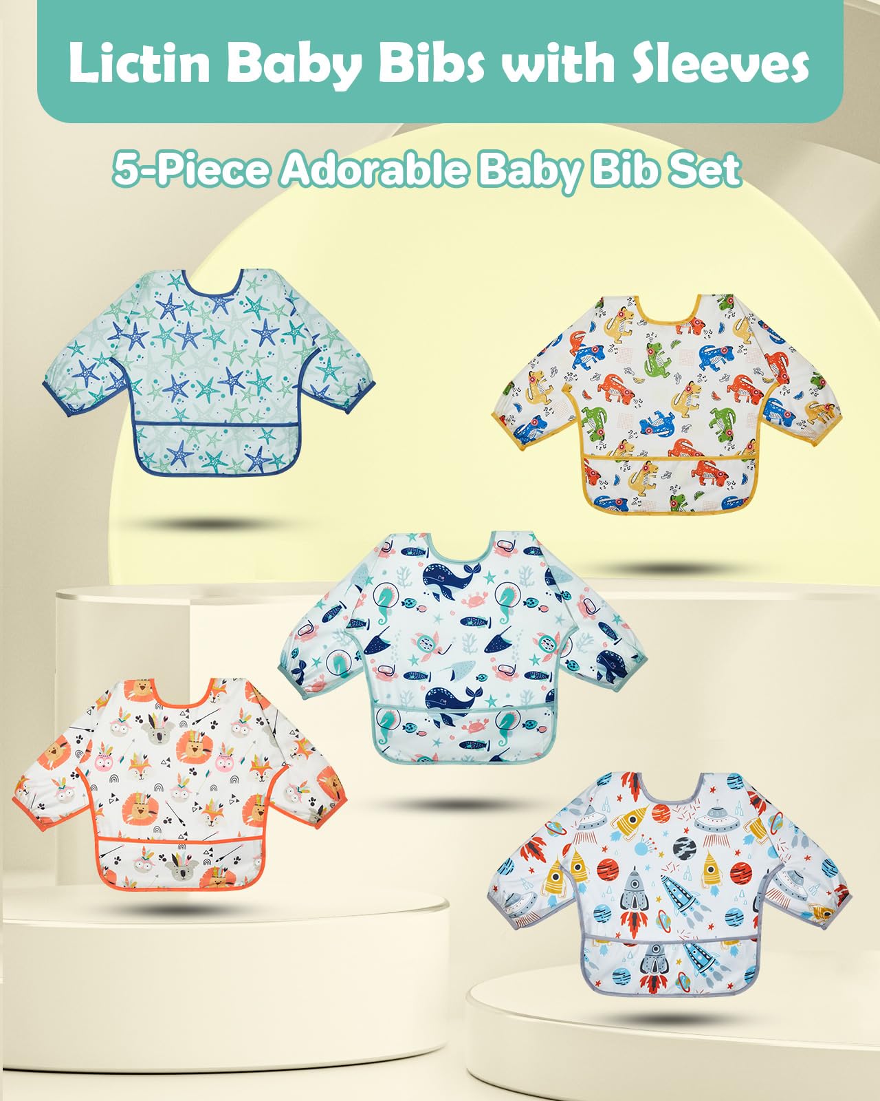 Lictin waterproof infant bib with sleeves showcasing the deep food catcher pocket