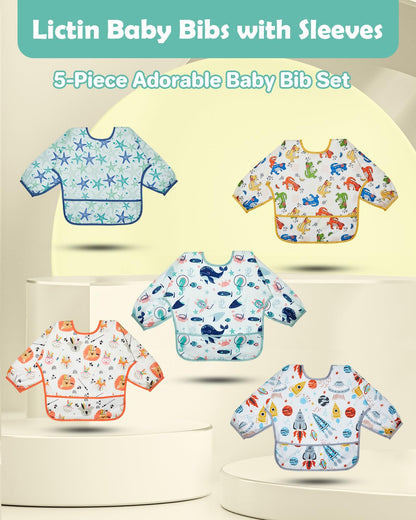Lictin waterproof infant bib with sleeves showcasing the deep food catcher pocket