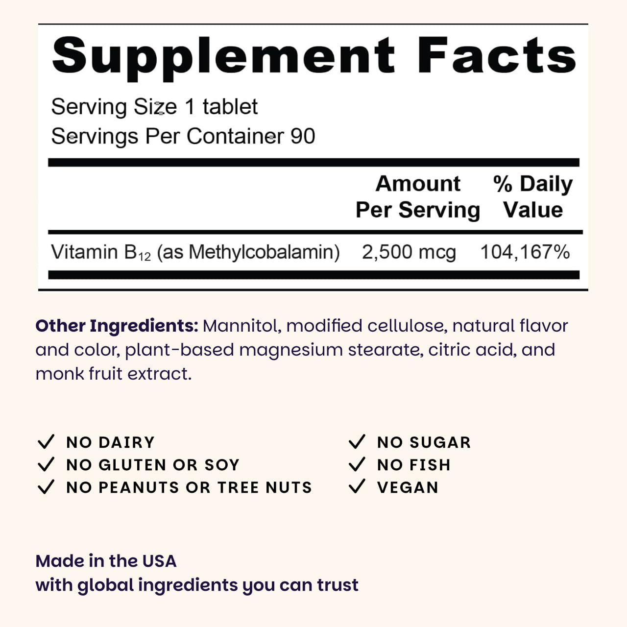 EZ Melts dissolvable b12 supplement label detailing two thousand five hundred micrograms dosage