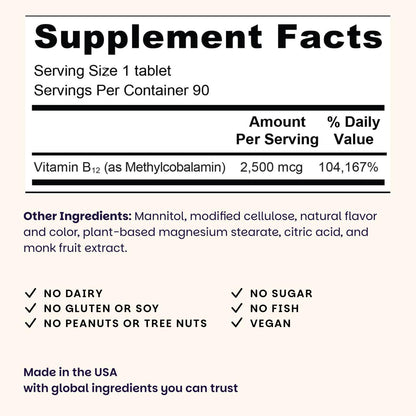 EZ Melts dissolvable b12 supplement label detailing two thousand five hundred micrograms dosage