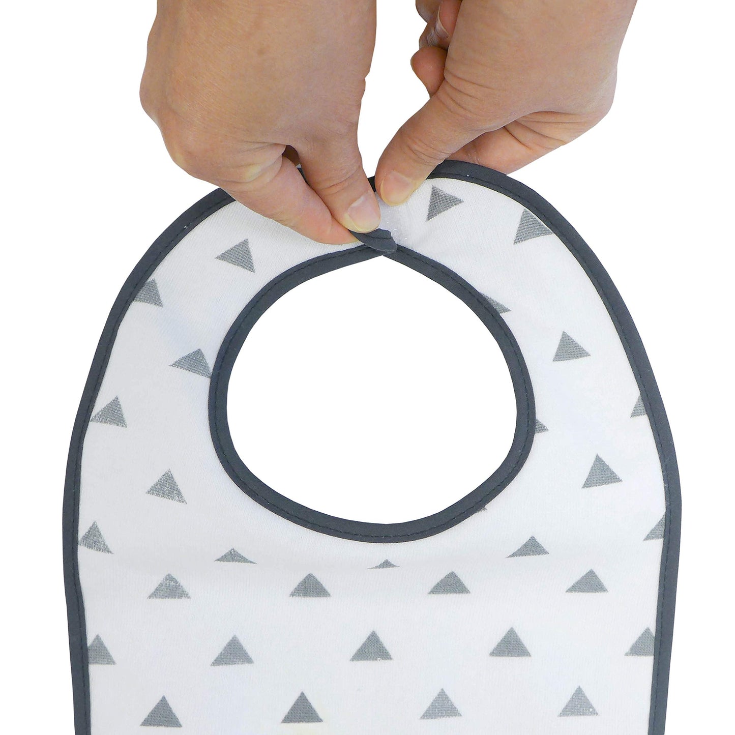 Rear view of the Neat Solutions baby bib highlighting the adjustable hook and loop closure