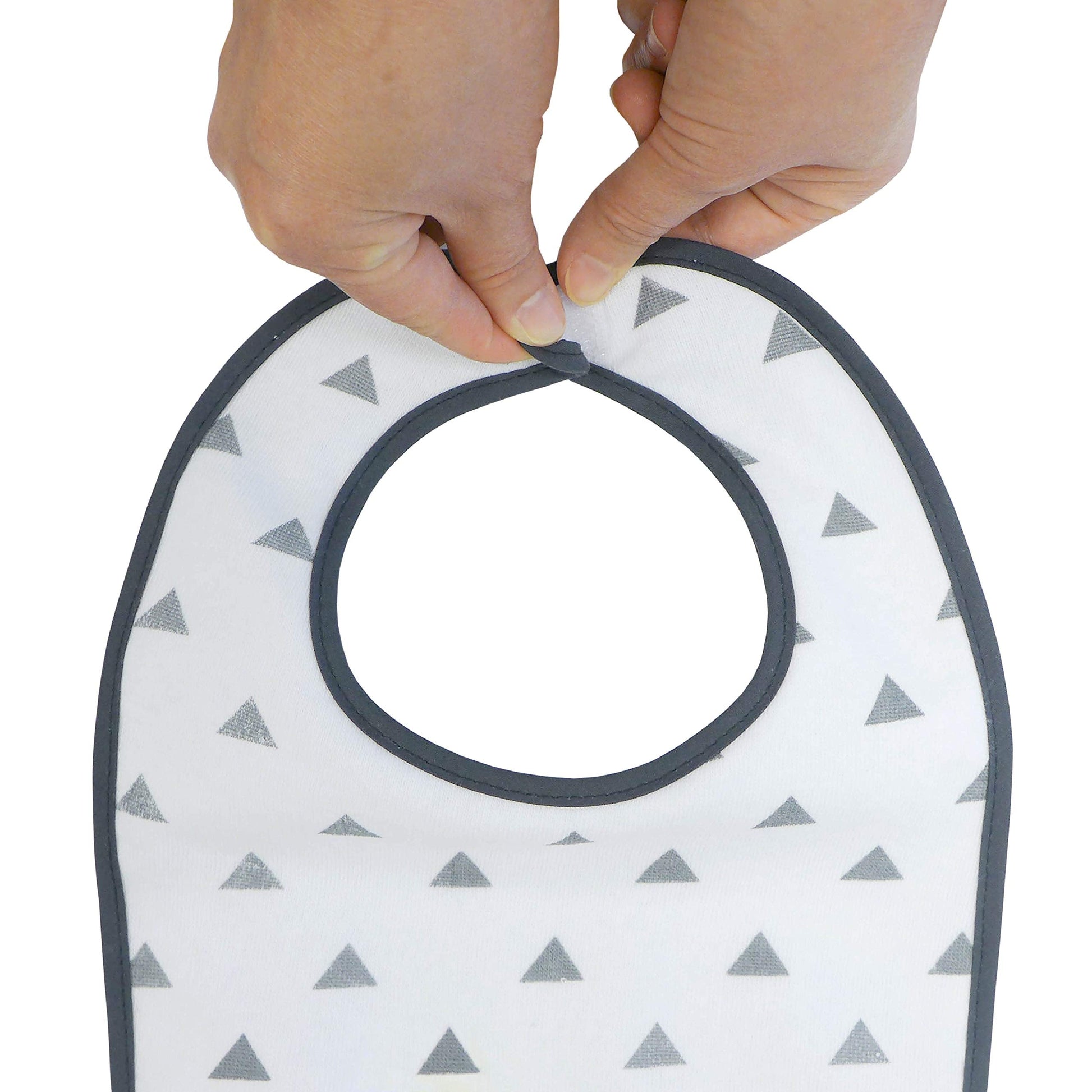 Rear view of the Neat Solutions baby bib highlighting the adjustable hook and loop closure