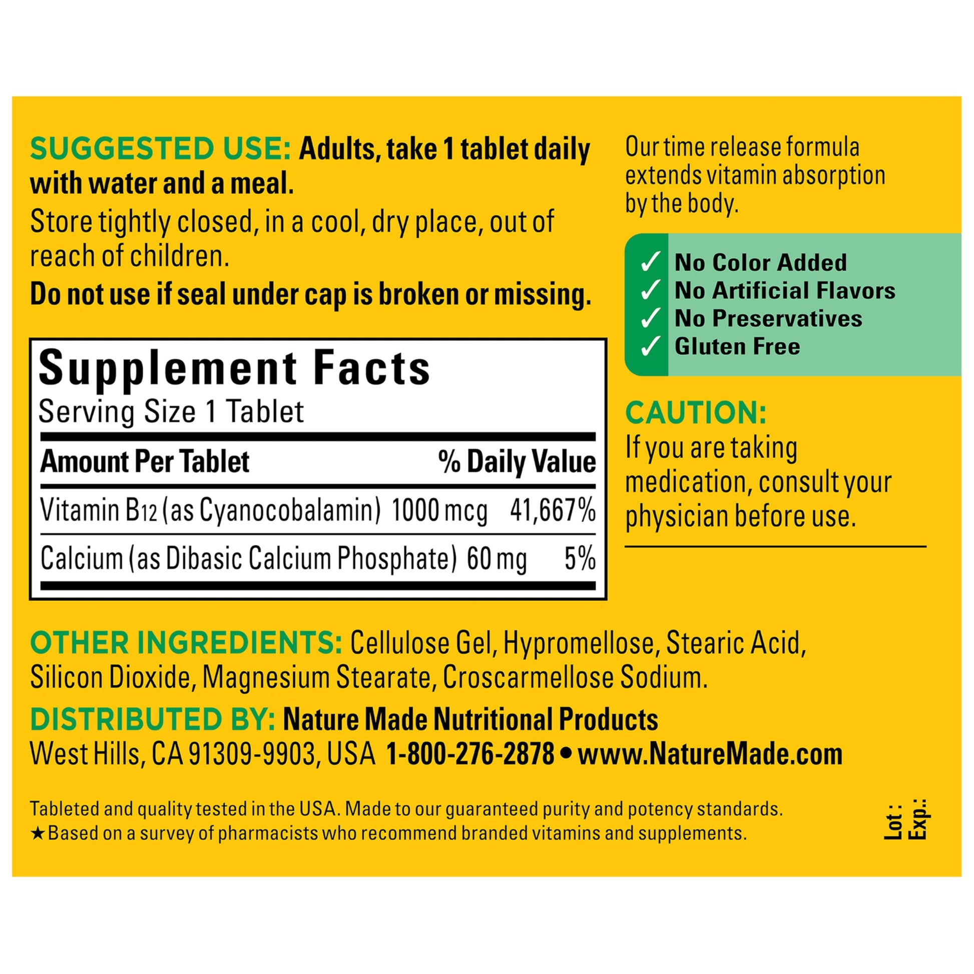 Gluten free Nature Made Vitamin B12 tablets for vegetarian nutrition
