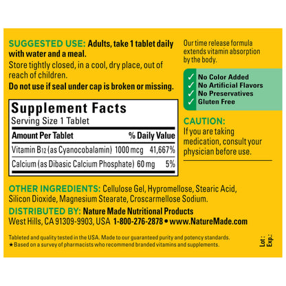 Gluten free Nature Made Vitamin B12 tablets for vegetarian nutrition