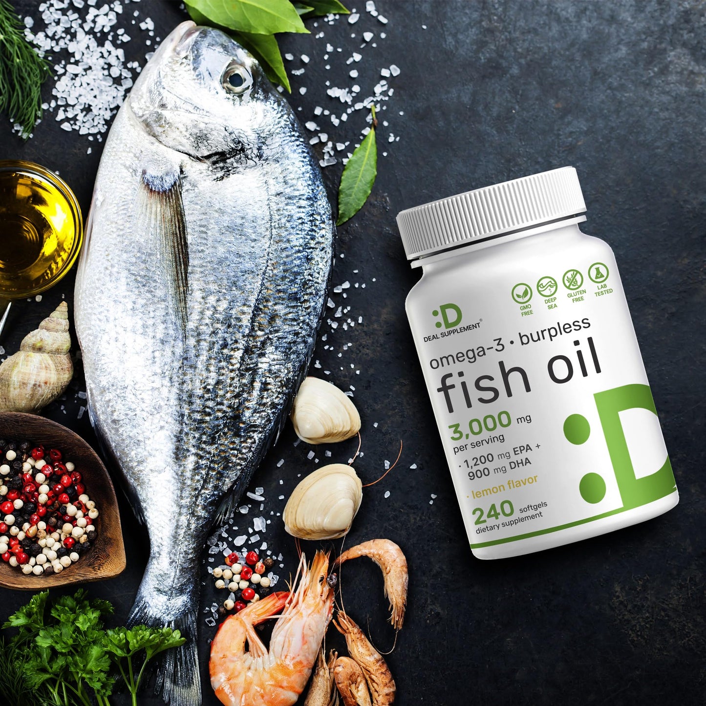 Deal Supplement mercury free fish oil bottle side view
