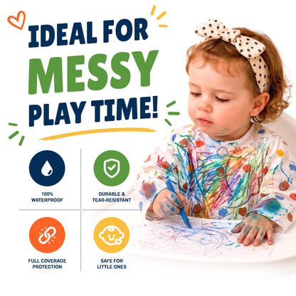 Waterproof baby feeding smock with the crumb catcher pocket flipped open to catch food