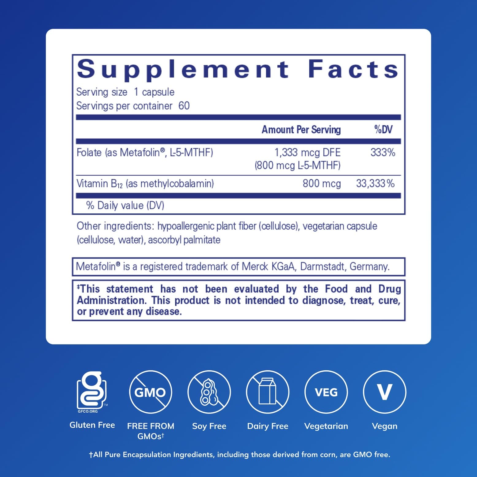 Pure Encapsulations B12 and folate vitamin supplement showing supplement facts panel with methylcobalamin and Metafolin details.