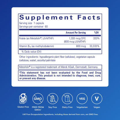 Pure Encapsulations B12 and folate vitamin supplement showing supplement facts panel with methylcobalamin and Metafolin details.