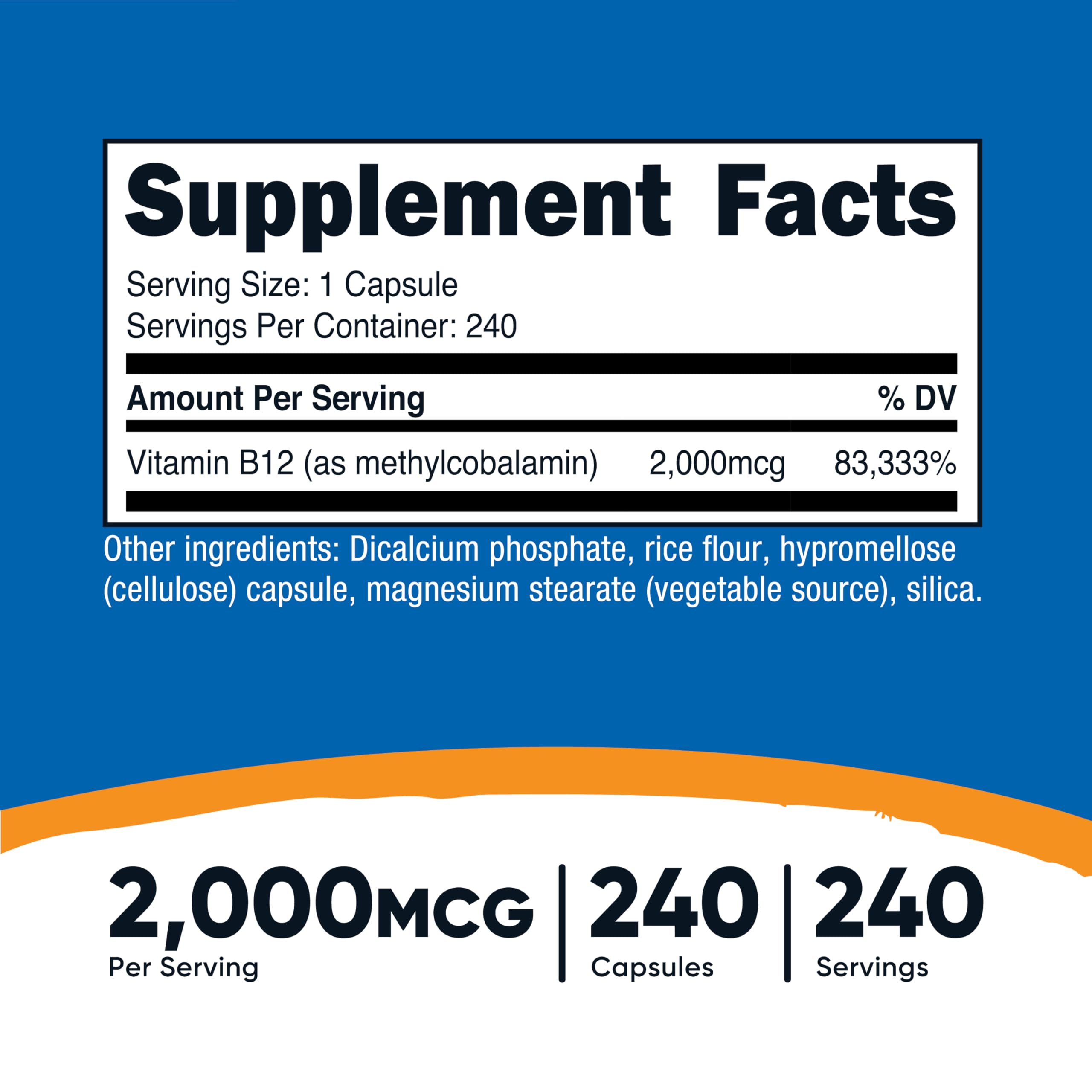 Nutricost Vitamin B12 240 count side label displaying nutritional supplement facts and high potency ingredients
