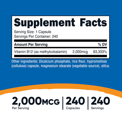 Nutricost Vitamin B12 240 count side label displaying nutritional supplement facts and high potency ingredients