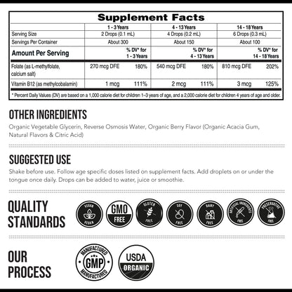 Side profile of Triquetra Kids MTHFR support supplement 30 ml