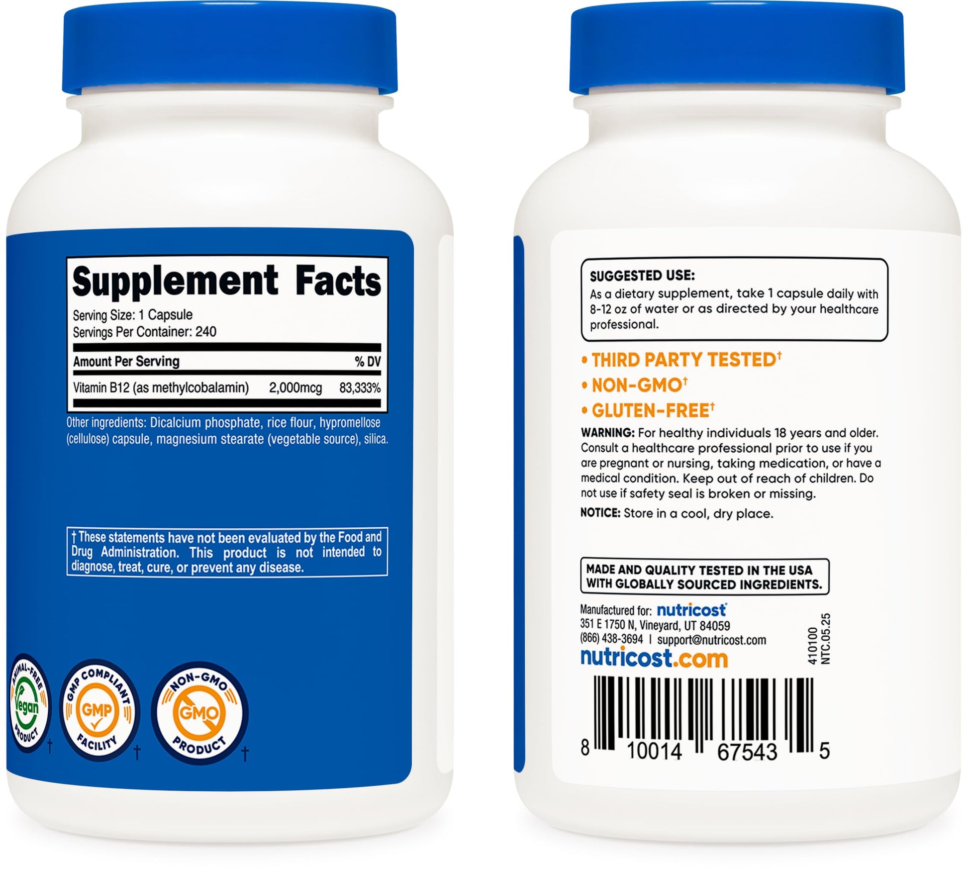 Nutricost premium vegetarian B12 supplement bottle highlighting gluten free and non GMO quality badges