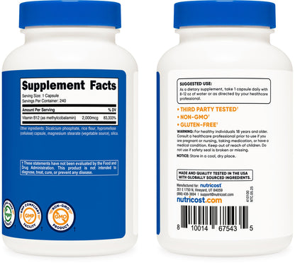 Nutricost premium vegetarian B12 supplement bottle highlighting gluten free and non GMO quality badges