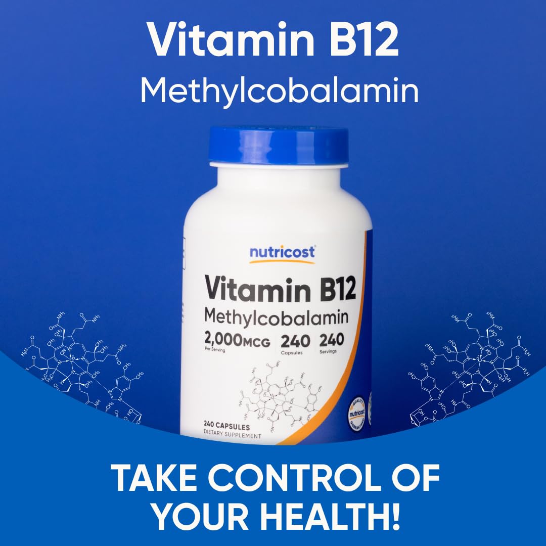 Nutricost USA imported 2000mcg Vitamin B12 bottle showing dosage directions and manufacturing safety details