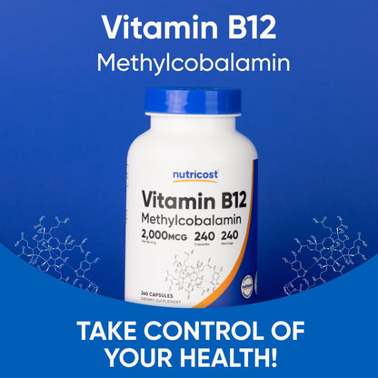 Nutricost USA imported 2000mcg Vitamin B12 bottle showing dosage directions and manufacturing safety details