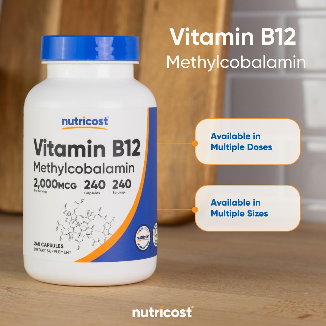 Nutricost Vitamin B12 Methylcobalamin supplement container emphasizing the eight month daily serving supply