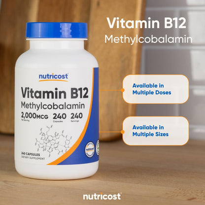 Nutricost Vitamin B12 Methylcobalamin supplement container emphasizing the eight month daily serving supply