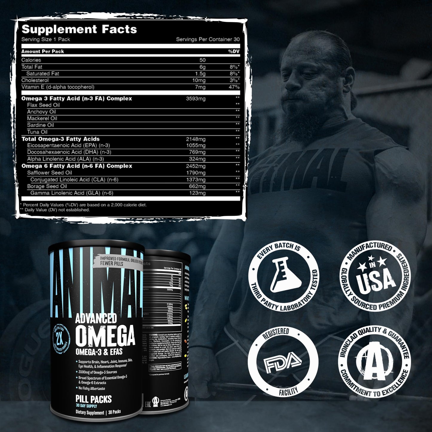Side view of Animal Advanced Omega 3 fish oil bottle