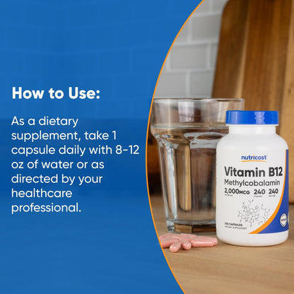 Close up shot of authentic Nutricost Vitamin B12 capsules highlighting vegetarian capsule quality and clarity